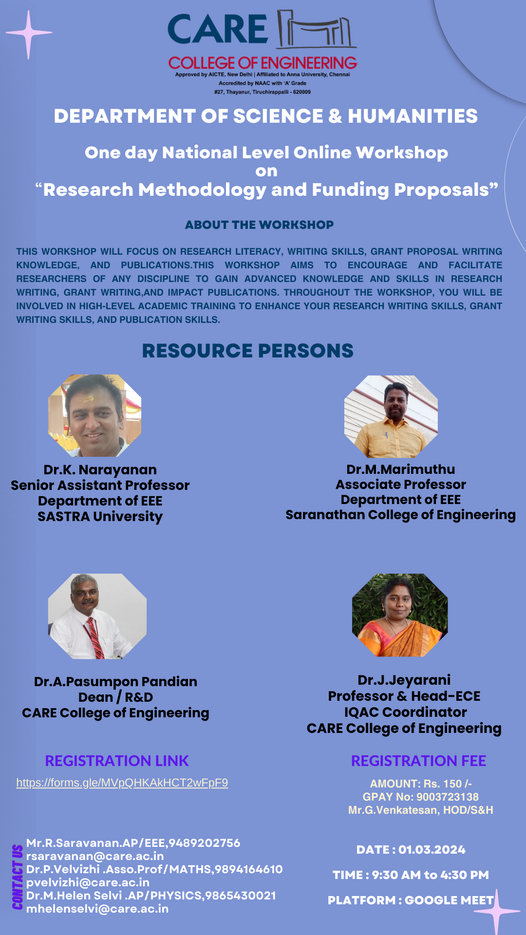 One-day Online mode Workshop on Research Methodology and Funding Proposals 2024